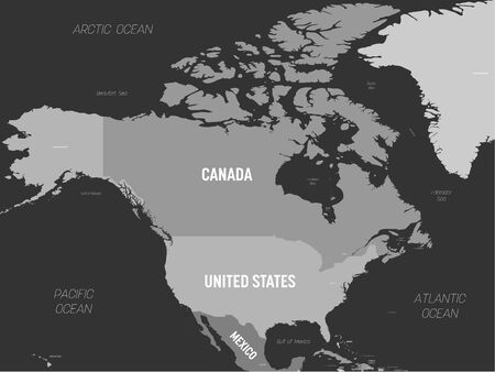 North America map - grey colored on dark background. High detailed political map North American continent with country, capital, ocean and sea names labeling.のイラスト素材