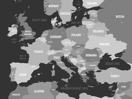 Europe map - grey colored on dark background. High detailed political map of european continent with country, capital, ocean and sea names labeling.のイラスト素材