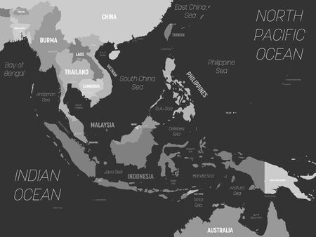 Southeast Asia map - grey colored on dark background. High detailed political map of southeastern region with country, capital, ocean and sea names labeling.のイラスト素材