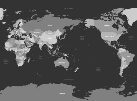 World map - Asia, Australia and Pacific Ocean centered. Grey colored on dark background. High detailed political map of World with country, capital, ocean and sea names labeling.のイラスト素材