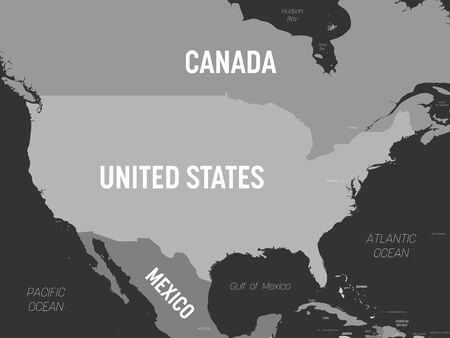 USA map - grey colored on dark background. High detailed political map United States of America and neighboring countries with country, capital, ocean and sea names labeling.のイラスト素材