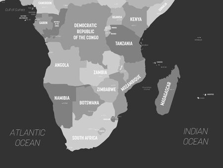 Southern Africa map - grey colored on dark background. High detailed political map of southern african region with country, capital, ocean and sea names labeling.のイラスト素材