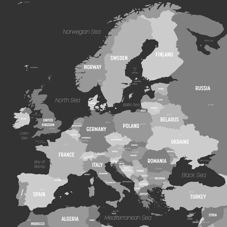 Europe map - grey colored on dark background. High detailed political map of european continent with country, capital, ocean and sea names labeling.のイラスト素材