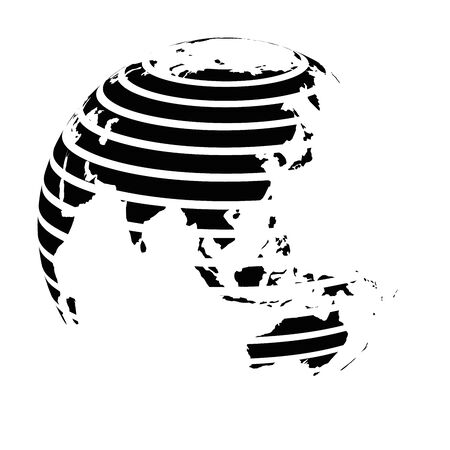 Striped Earth globe focused on Asia. Black vector illustration.のイラスト素材
