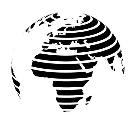 Striped Earth globe focused on Africa and Europe. Black vector illustration.のイラスト素材
