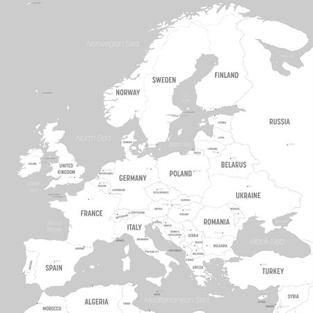 Europe map - white lands and grey water. High detailed political map of european continent with country, capital, ocean and sea names labeling.のイラスト素材