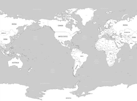 World map - America centered. White lands and grey water. High detailed political map of World with country, capital, ocean and sea names labeling.のイラスト素材