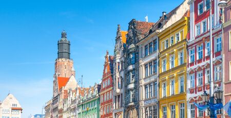 Colorful facade houses at Market Square in Wroclaw, Poland.の写真素材
