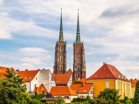 Gothic style Cathedral of St. John the Baptist on Tumski Island, Wroclaw, Poland.の写真素材