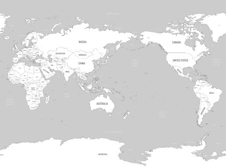 World map - Asia, Australia and Pacific Ocean centered. White lands and grey water. High detailed political map of World with country, capital, ocean and sea names labeling.のイラスト素材