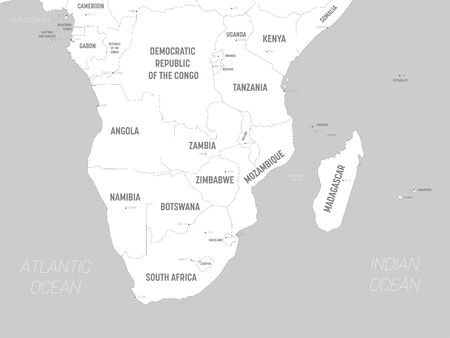 Southern Africa map - white lands and grey water. High detailed political map of southern african region with country, capital, ocean and sea names labeling.のイラスト素材