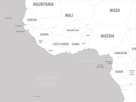 Western Africa map - white lands and grey water. High detailed political map of western african and Bay of Guinea region with country, capital, ocean and sea names labeling.のイラスト素材