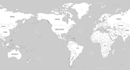 World map - America centered. White lands and grey water. High detailed political map of World with country, capital, ocean and sea names labeling.のイラスト素材