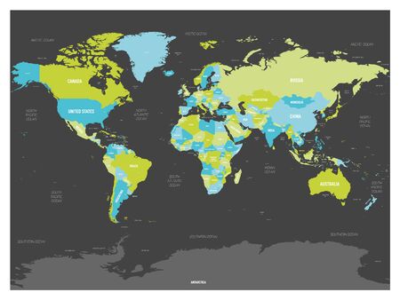 World map. High detailed political map of World with country, capital, ocean and sea names labeling. Colorful map on dark background.のイラスト素材