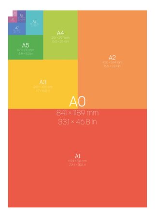 A Series Paper Sizes. With labels and dimensions in milimeters and inches. Simple flat vector illustration.のイラスト素材