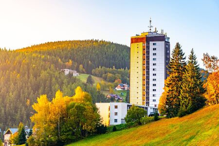 Modern high building in the centre of Pec pod Snezkou in Giant Mountains, Krkonose National Park, Czech Republic.の写真素材