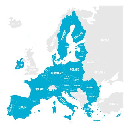 Political map of Europe with blue highlighted 27 European Union, EU, member states after brexit in 2020. Simple flat vector illustration.のイラスト素材