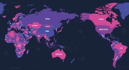 World map - Asia, Australia and Pacific Ocean centered. High detailed political map of World with country, capital, ocean and sea names labeling.のイラスト素材