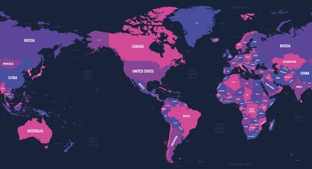 World map - America centered. High detailed political map of World with country, capital, ocean and sea names labeling.のイラスト素材