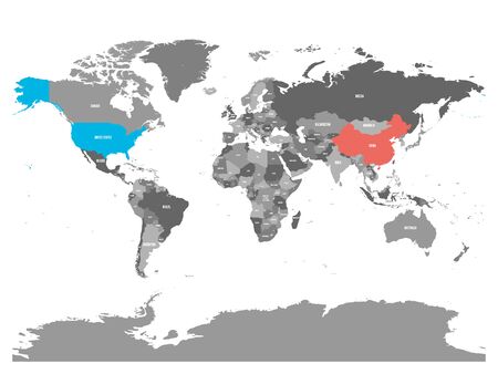 United States and China highlighted on political map of World. Vector illustration.のイラスト素材