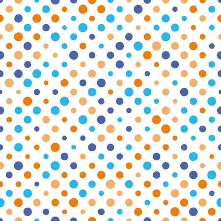 Seamless polka dot pattern. Orange and blue dots in random sizes on white background. Vector illustration.のイラスト素材