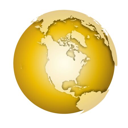 Earth globe. 3D world map with metallic lands dropping shadows on gold surface. Vector illustration.のイラスト素材