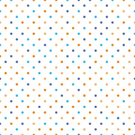 Seamless polka dot pattern. Orange and blue dots in random sizes on white background. Vector illustration.のイラスト素材