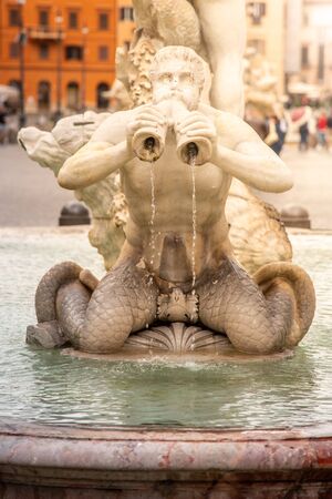 Fontana del Moro, or Moor Fountain, on Piazza Navona, Rome, Italy. Detailed view of sculptures.の写真素材