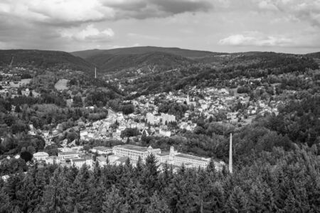 Tanvald - small mountain town in Jizera Mountains, Czech Republic. Black and white image.の写真素材