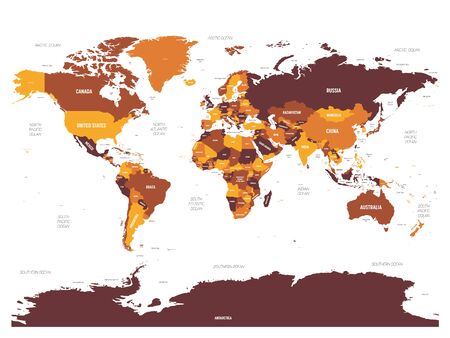 World map - brown orange hue colored on dark background. High detailed political map of World with country, ocean and sea names labeling.のイラスト素材