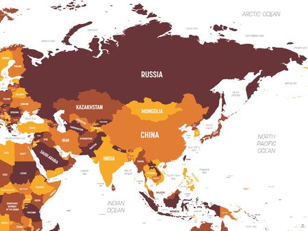 Asia - brown orange hue colored on dark background. High detailed political map of asian continent with country, ocean and sea names labeling.のイラスト素材