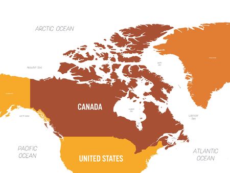 Canada map - brown orange hue colored on dark background. High detailed political map Canada and neighboring countries with country, ocean and sea names labeling.のイラスト素材
