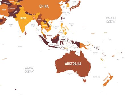 Australia and Southeast Asia map - brown orange hue colored on dark background. High detailed political map of australian and southeastern Asia region with country, ocean and sea names labeling.のイラスト素材