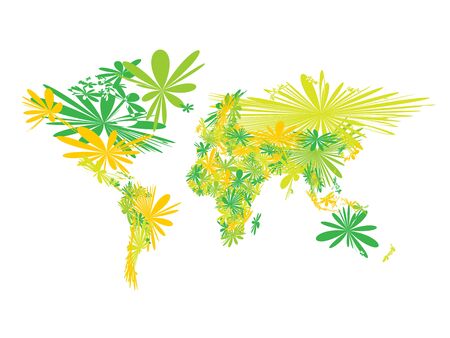 World map of spring blooming flowers. Green and yellow blossoms mosaic.のイラスト素材