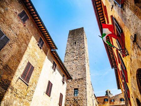 San Gimignano towers. Street view, Tuscany Italyの写真素材