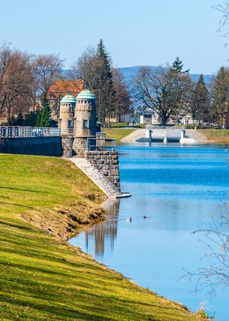 Mseno Reservoir with old stone dam on sunny day. Jablonec nad Nisou, Czech Republic.の写真素材