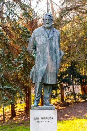 PRAGUE, CZECH REPUBLIC - FEBRUARY 08, 2020: Statue of Jan Nepomuk Neruda, Czech poet, writer and journalist. Petrin Gardens, Prague, Czech Republic.のeditorial素材