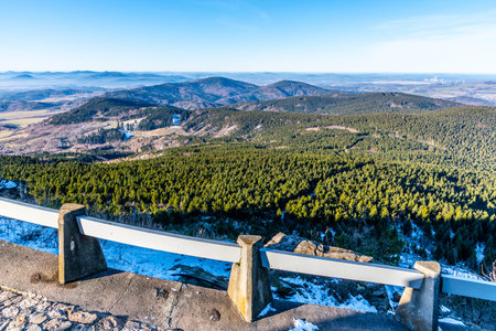 Lusatian Mountains, Czech: Luzicke hory, panoramic view of hilly landscape from Jested Mountain on...