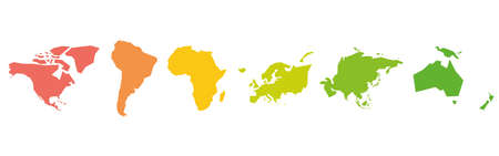 Silhouettes of World continents in different colors. Simple flat vector illustration.のイラスト素材