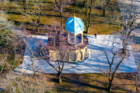 Aerial view of Chapel of the Holy Sepulcher under Petrin Lookout Tower, Prague, Czech Republic.の写真素材