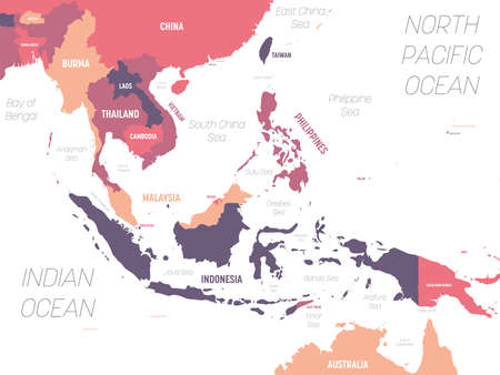 Southeast Asia map. High detailed political map of southeastern region with country, ocean and sea names labeling.のイラスト素材
