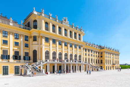 VIENNA, AUSTRIA - 23 JULY, 2019: Schonbrunn Palace, German: Schloss Schonbrunn. Pamoramic view of courtyard Vienna Austriaのeditorial素材