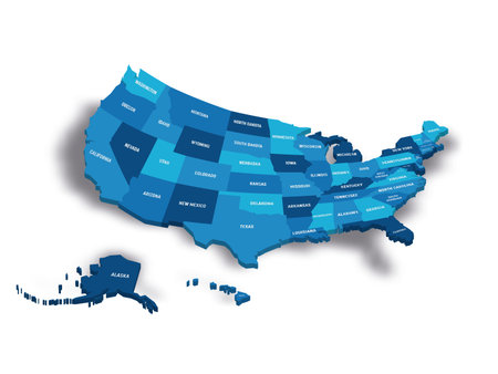 Map of United States of America, USA, with state postal abbreviations. 3D vector map with dropped...