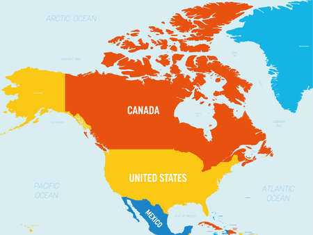 North America map - 4 bright color scheme. High detailed political map North American continent with country, ocean and sea names labeling.のイラスト素材