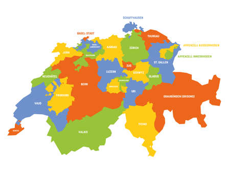 Colorful political map of Switzerland. Administrative divisions - cantons. Simple flat vector map with labels.のイラスト素材