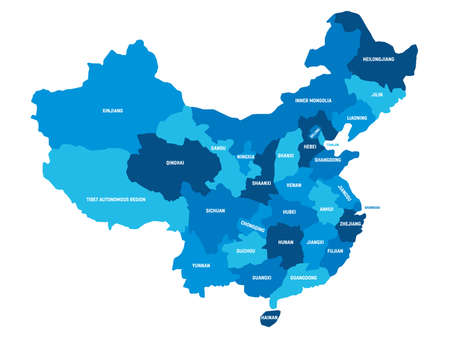 Blue political map of China. Administrative divisions - provinces. Simple flat vector map with labels.のイラスト素材