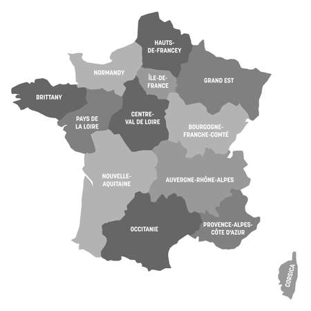 Grey political map of France. Administrative divisions - metropolitan regions. Simple flat vector map with labels.のイラスト素材