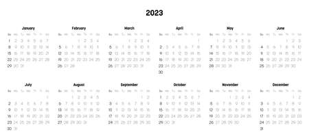 Monthly calendar of year 2023. Week starts on Sunday. Block of months in two rows and six columns horizontal arrangement. Simple thin minimalist design. Vector illustration.のイラスト素材
