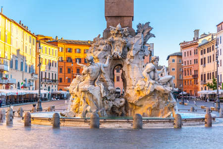 ROME, ITALY - MAY 7, 2019: Sunny morning on Navona Square, Italian: Piazza Navona, the most romantic place in Rome with Four Rivers Fountain. Italy.のeditorial素材