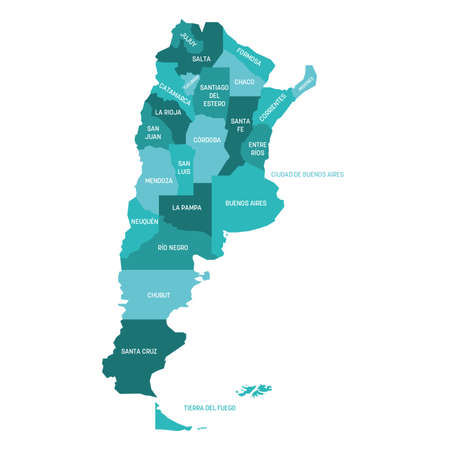 Turquoise blue political map of Argentina. Administrative divisions - provinces. Simple flat vector map with labels.のイラスト素材